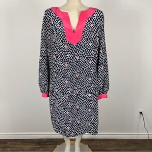 Lilly Pulitzer Navy Printed Silk Dress Long Sleeve Size 12 NWT